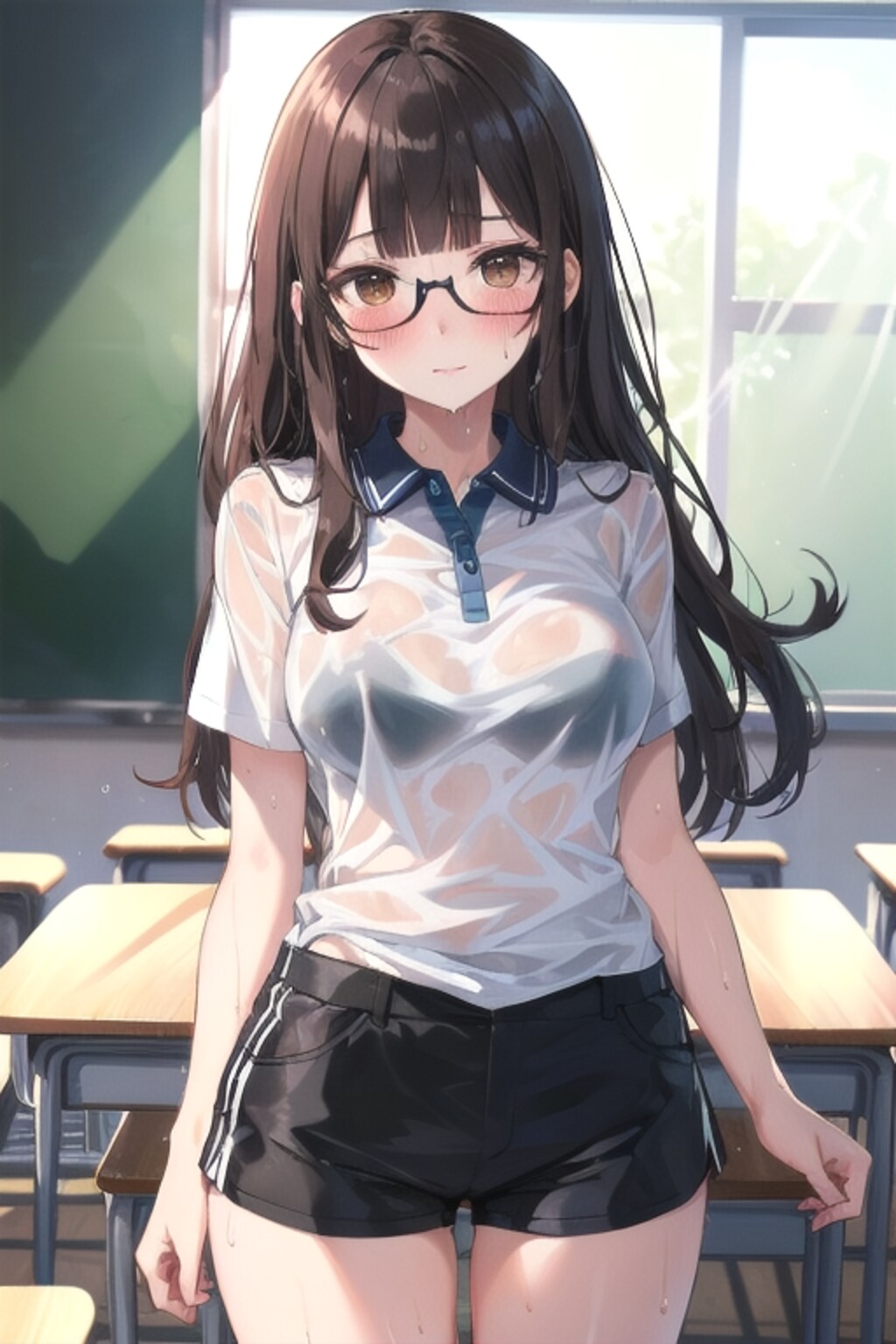 メガネっ娘　びしょ濡れでスタイルがバレる