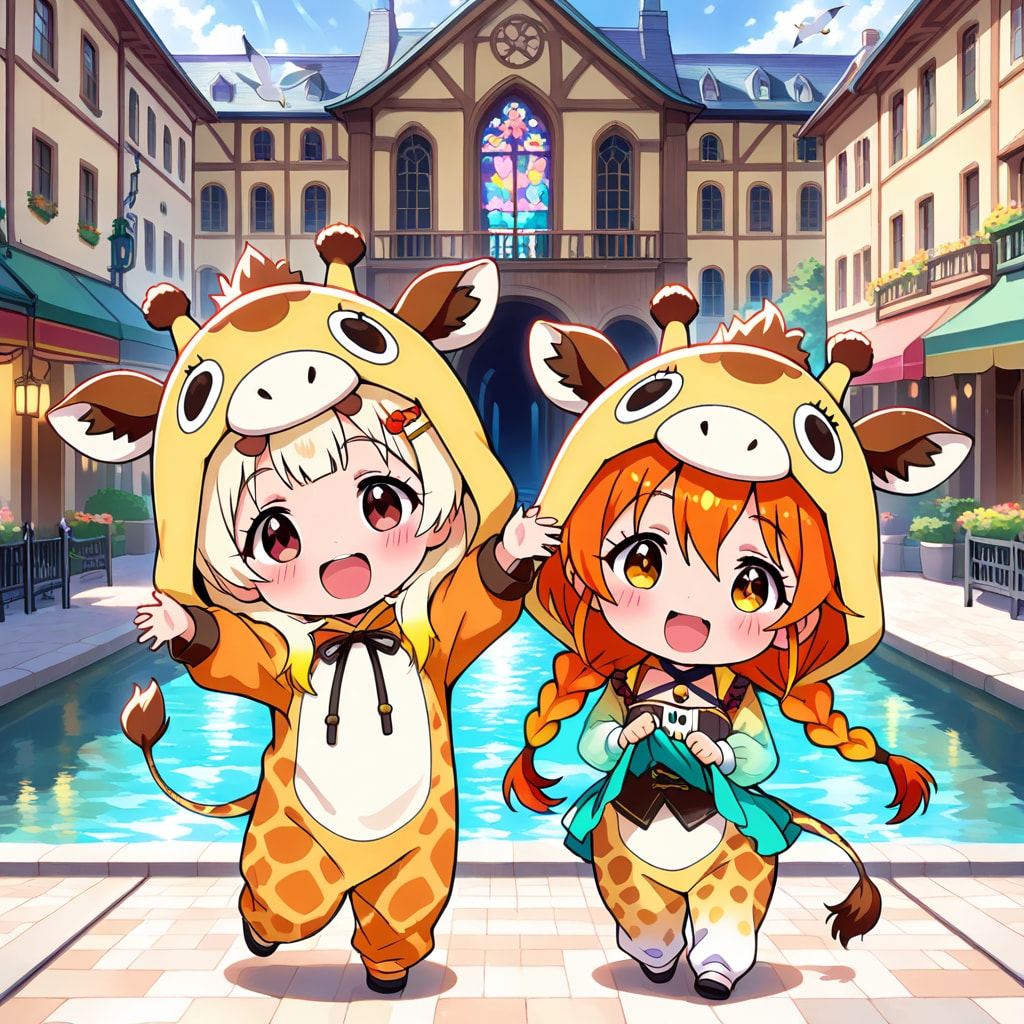 水の都の街並みとキリン着ぐるみちび子ちゃん | の人気AIイラスト・グラビア