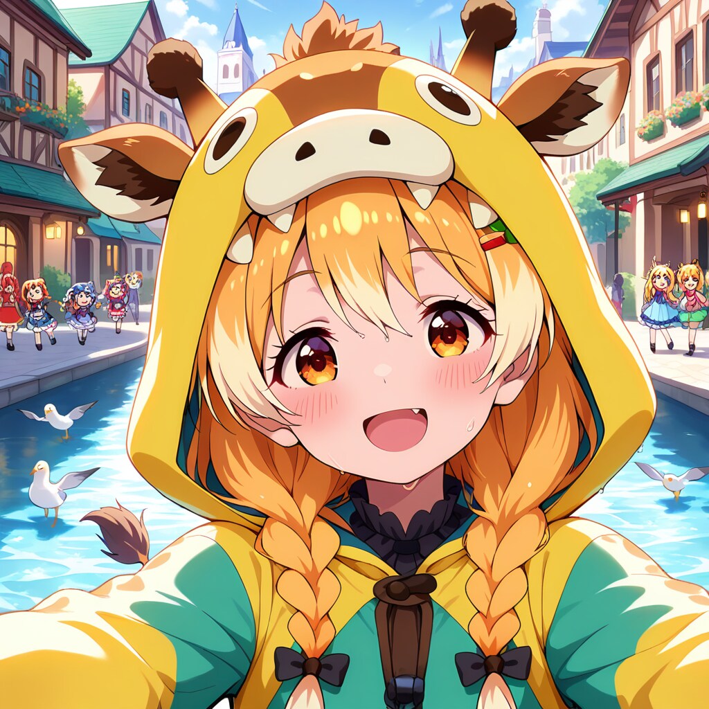 水の都の街並みとキリン着ぐるみちび子ちゃん