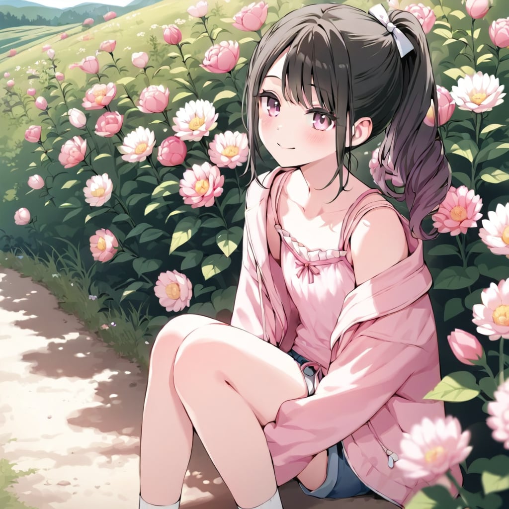 花の咲く公園で座る少女