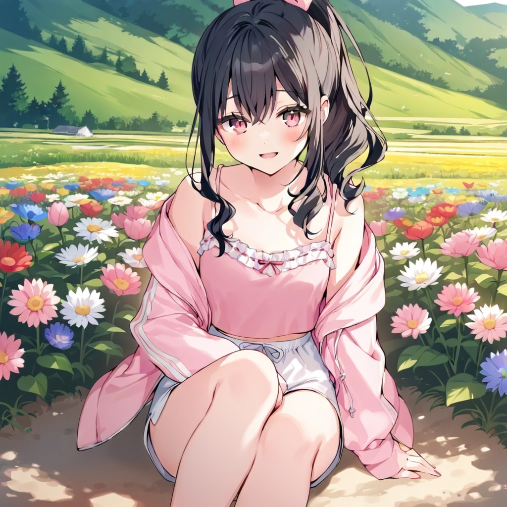 花の咲く公園で座る少女