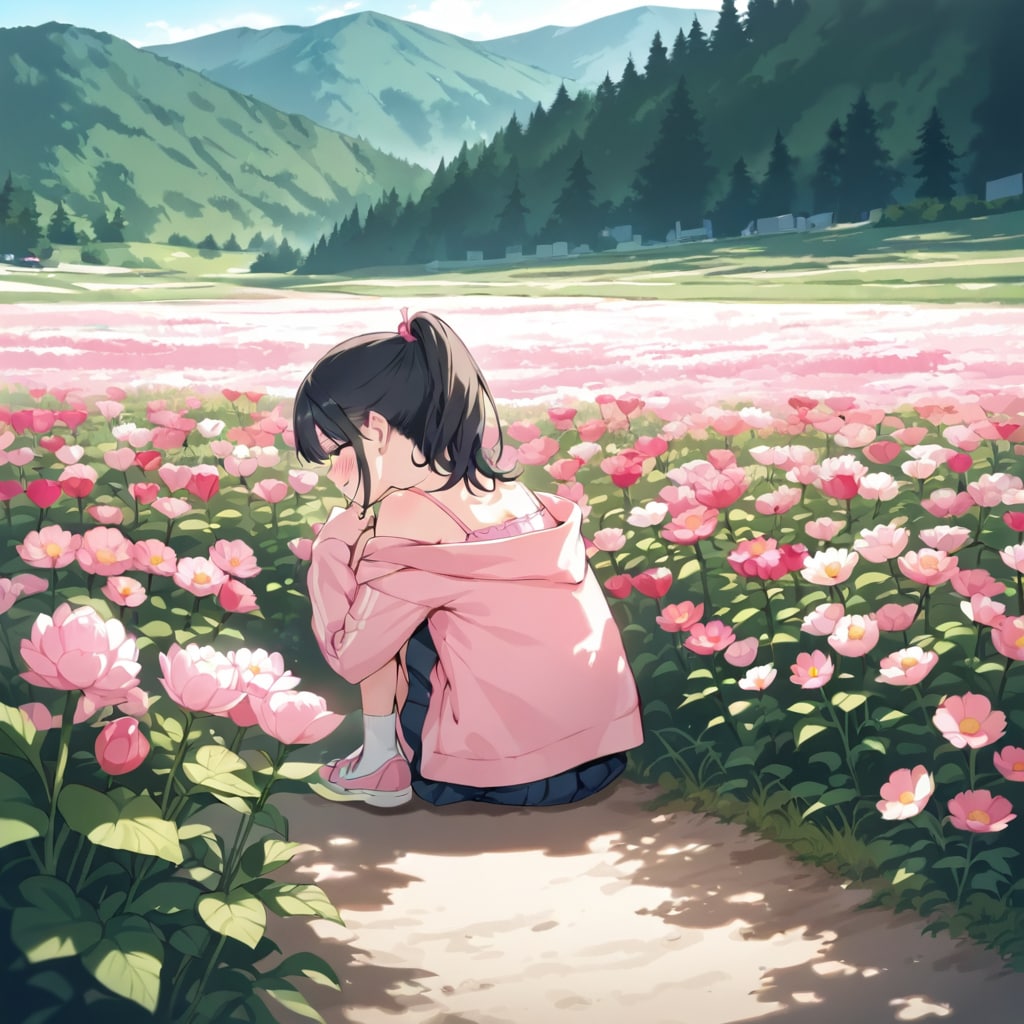 花の咲く公園で座る少女