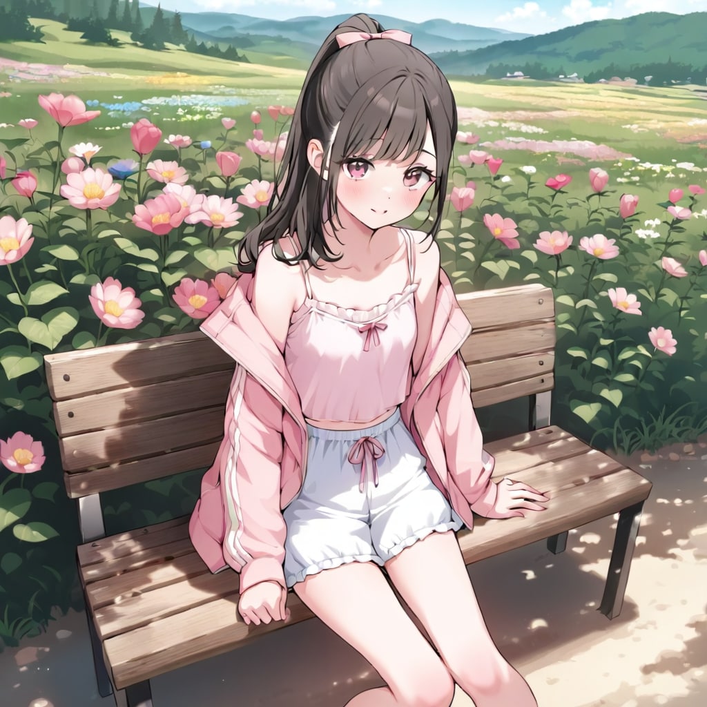 花の咲く公園で座る少女