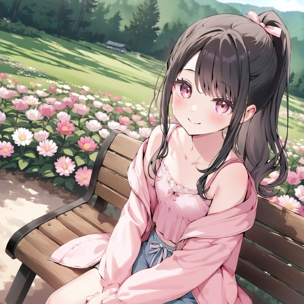 花の咲く公園で座る少女