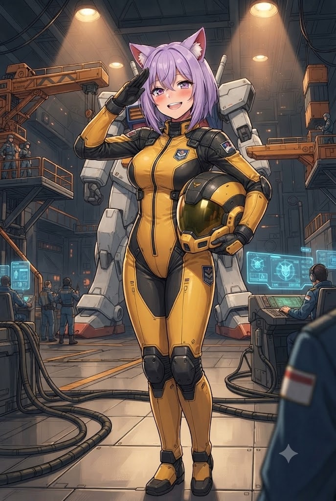 艦長に敬礼するパイロットスーツのシス