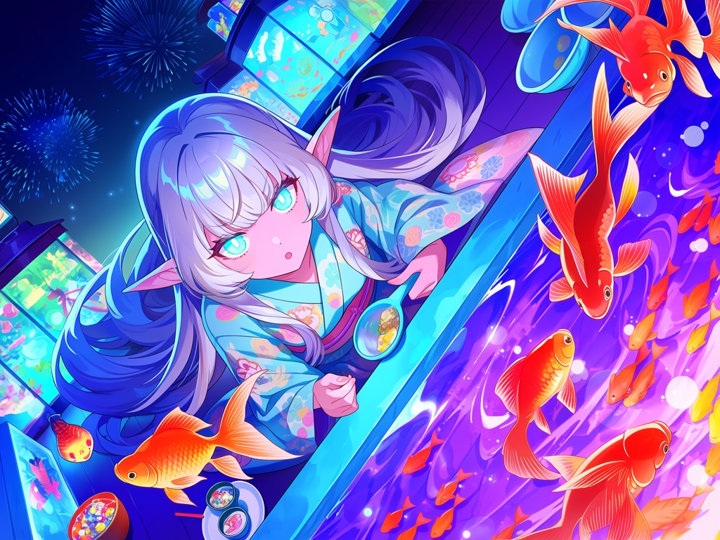 金魚すくい？をするエルフの女の子