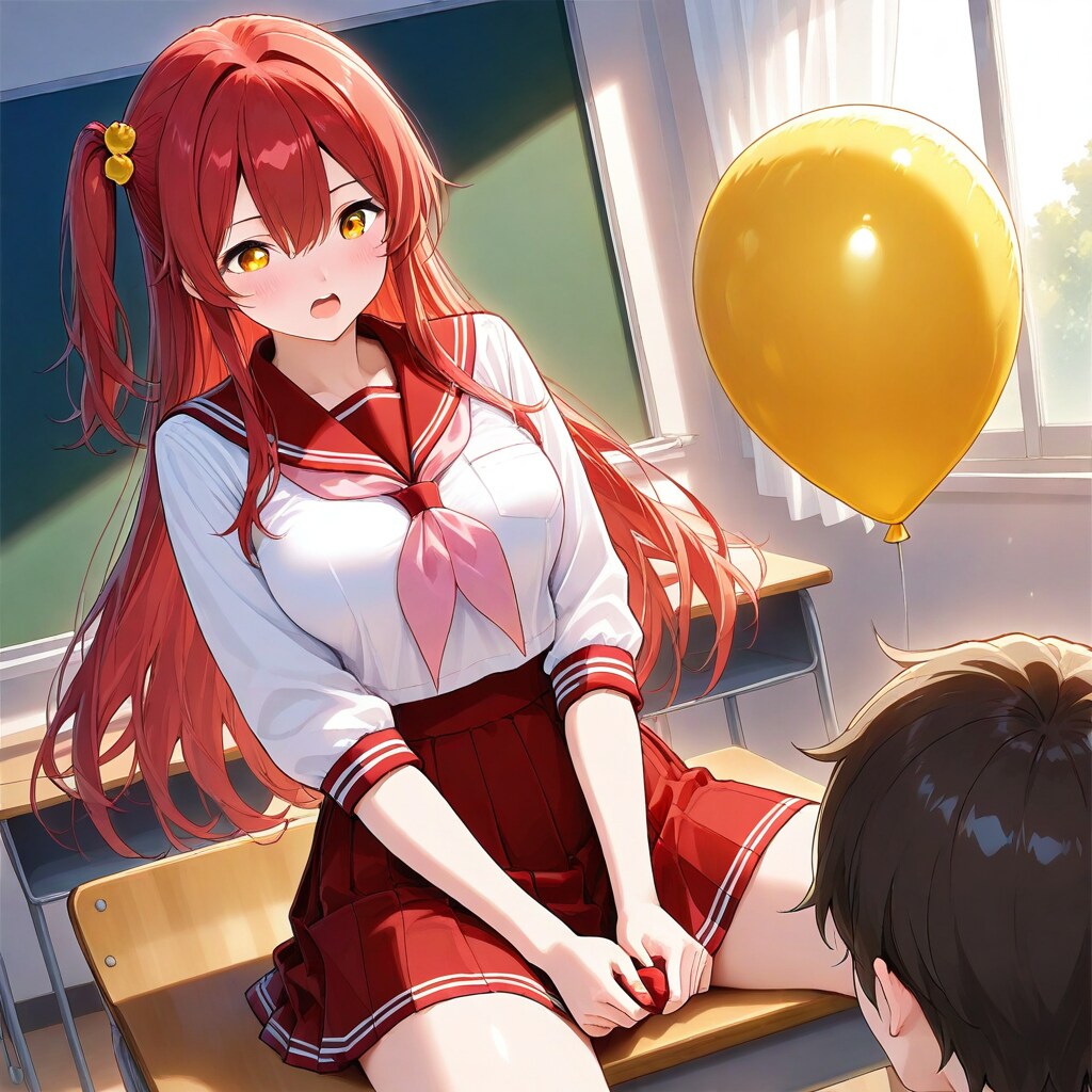 教室で風船を膨らませて遊ぶ赤い髪ロングのセーラー服の美少女