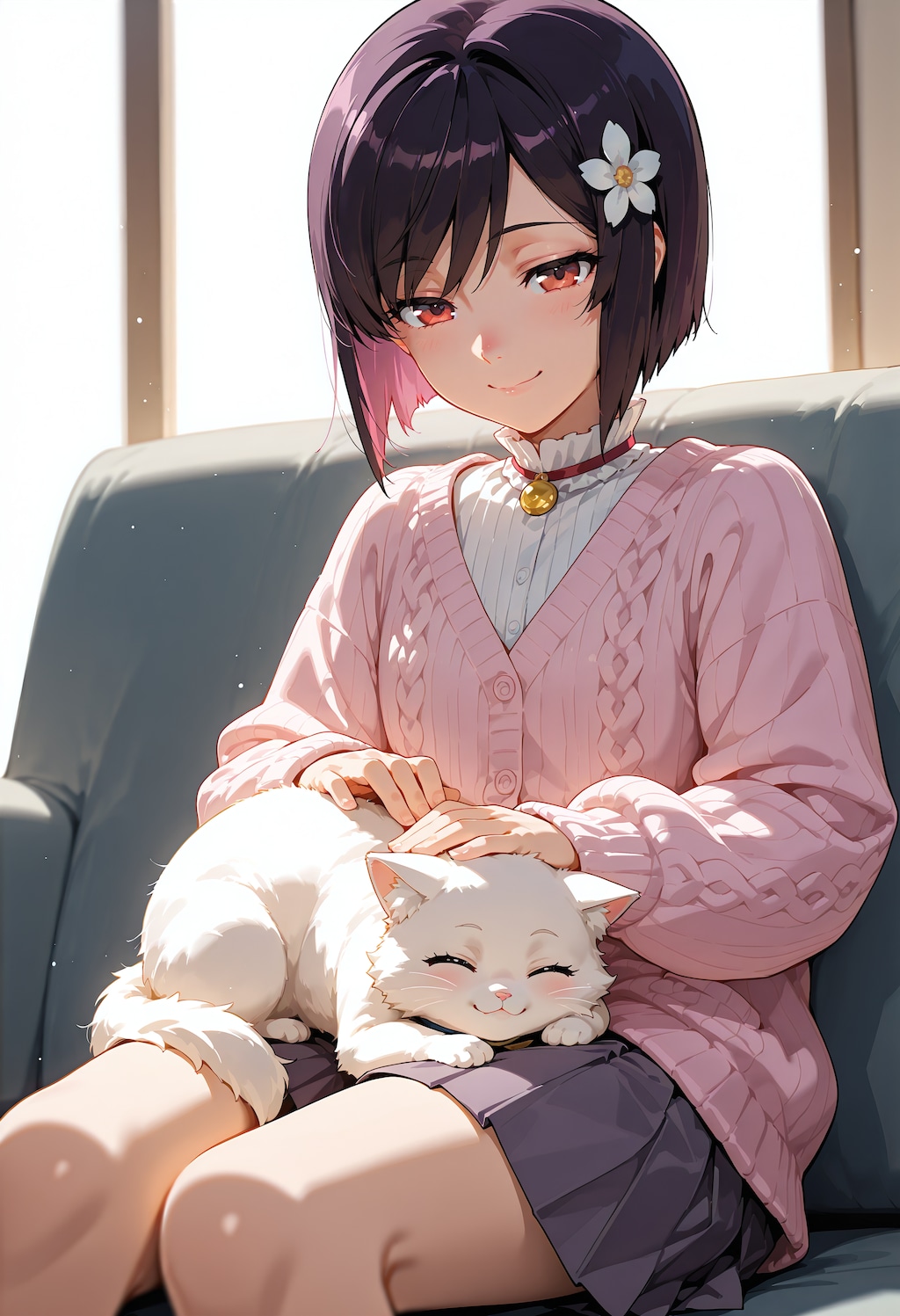 ねこちゃんをネコを撫でているひまり