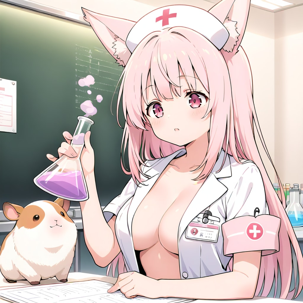 プロンプト首元胸周りが開いた白衣には違いないがめっちゃ脱いでて草