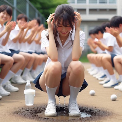 水溜りに給水する生徒