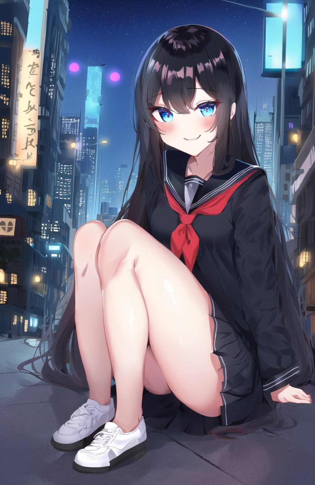 妖しいネオン街で座っている黒セーラーの黒髪ロングちゃん