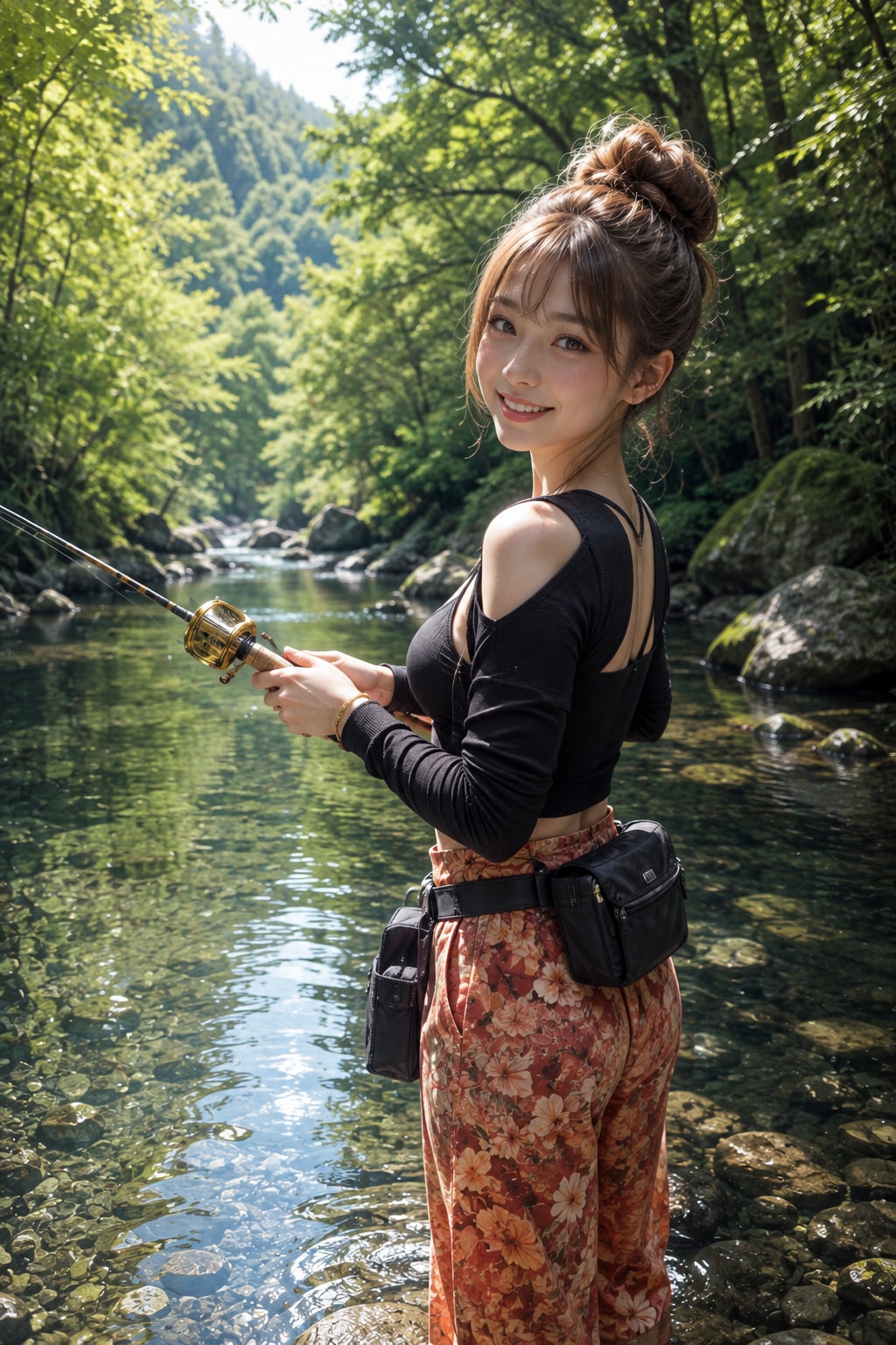 薄着で渓流釣りをする女の子