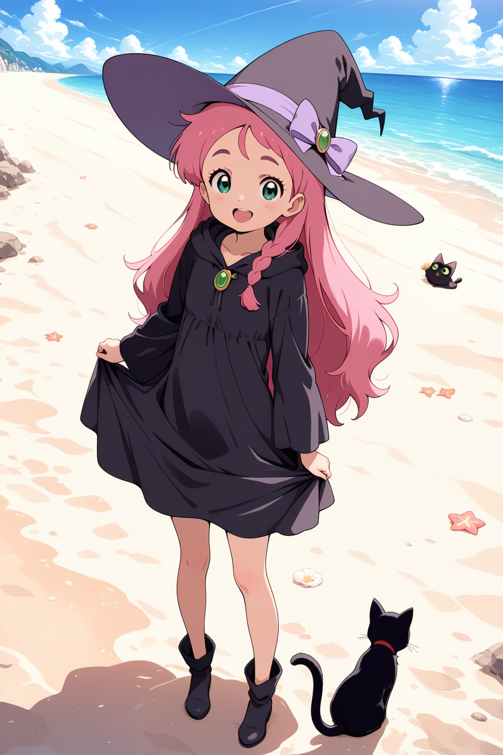 砂浜の魔女と黒猫 | の人気AIイラスト・グラビア