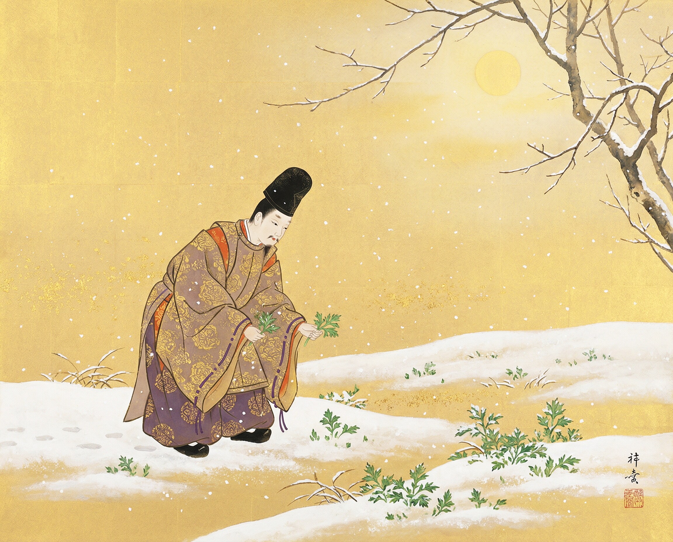 君がため春の野に出でて若菜つむ 我が衣手に雪はふりつつ | の人気AIイラスト・グラビア