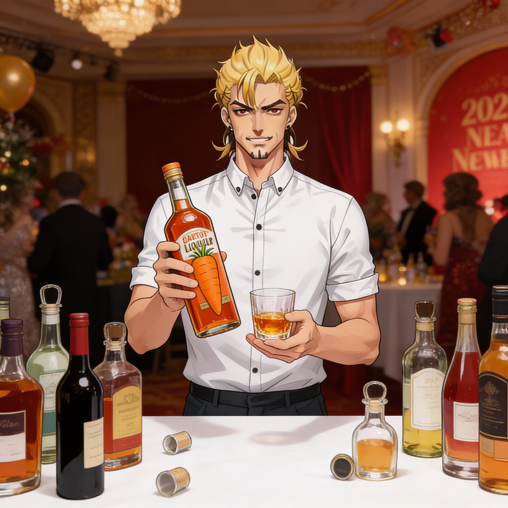 忘年会参加で人参＆コーヒーリキュールを飲んでいる店長 | の人気AIイラスト・グラビア