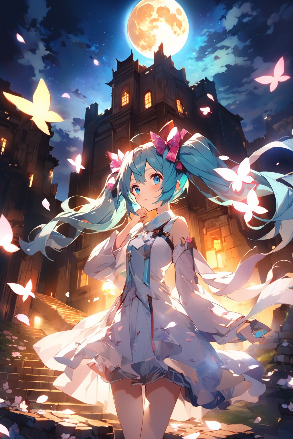 ミクと桜散る夜の古城 | の人気AIイラスト・グラビア