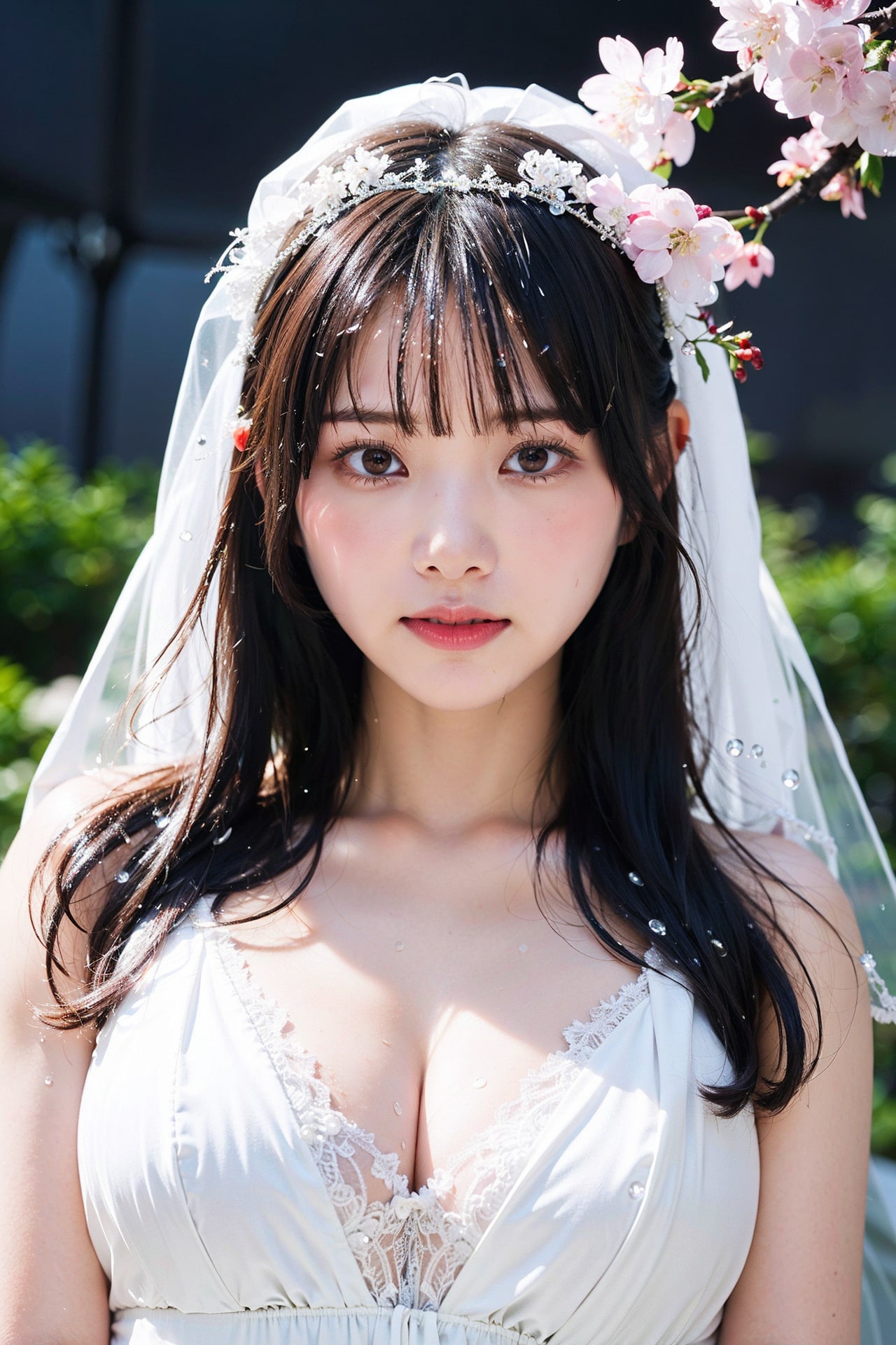 桜とウェディングドレス