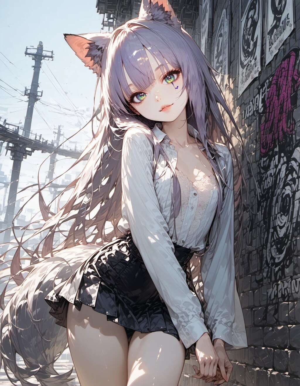 Long Lavender Hair and Grunge Wall