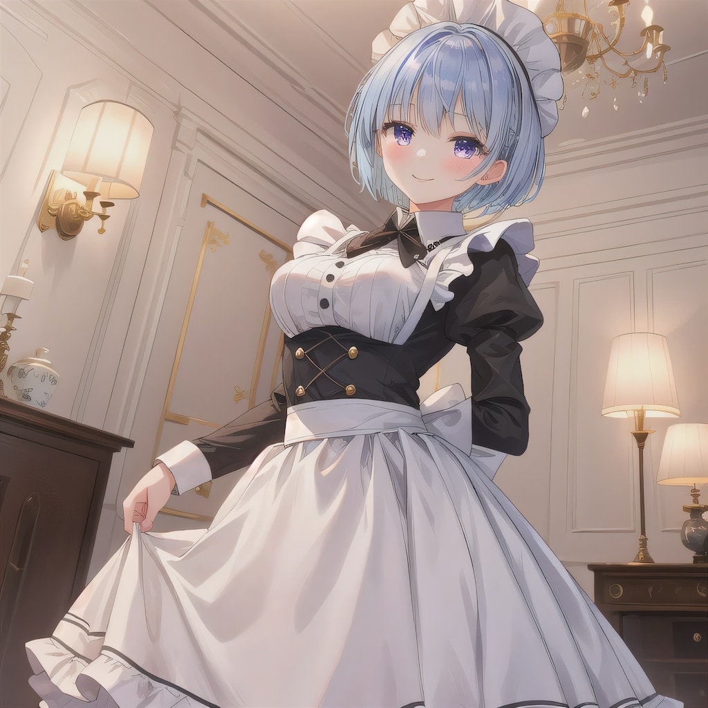 青髪ボブでメイド服の少女