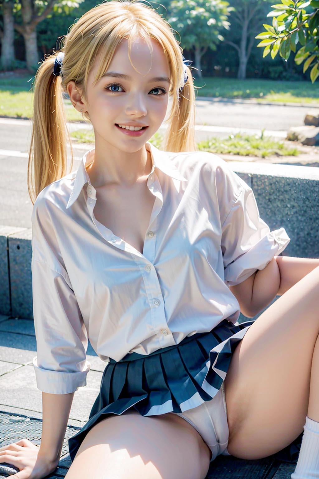 AIイラスト白ギャル貧乳ロリ顔　エロ画像　18歳女子校生海外コスプレイヤー「お父さん、触れ合うことで、言葉では言い表せない感情が伝わるんだ！」