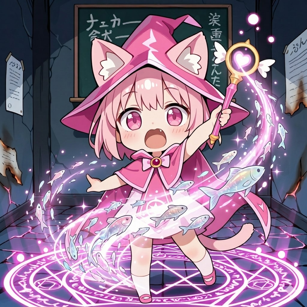 おさかにゃを生み出す魔法を披露するねこ