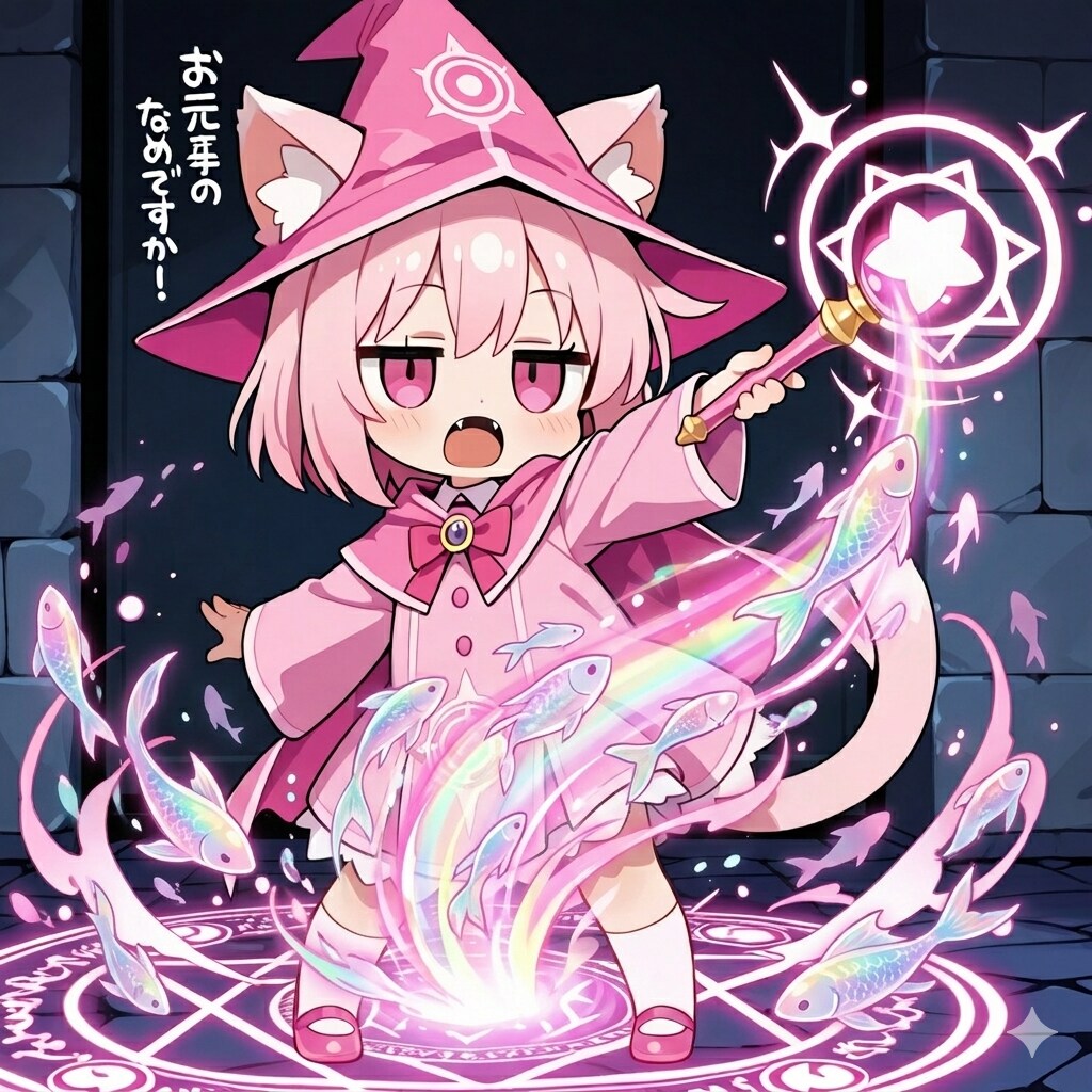 おさかにゃを生み出す魔法を披露するねこ