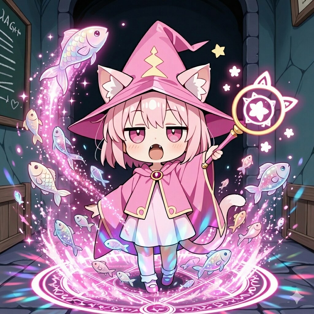 おさかにゃを生み出す魔法を披露するねこ