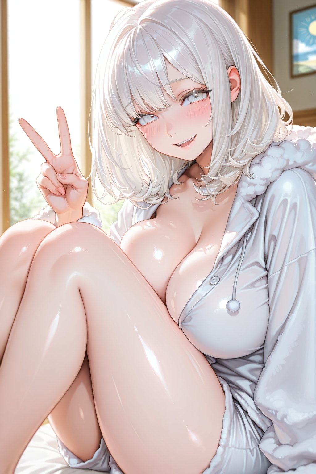 おはようピースする真っ白お姉さん