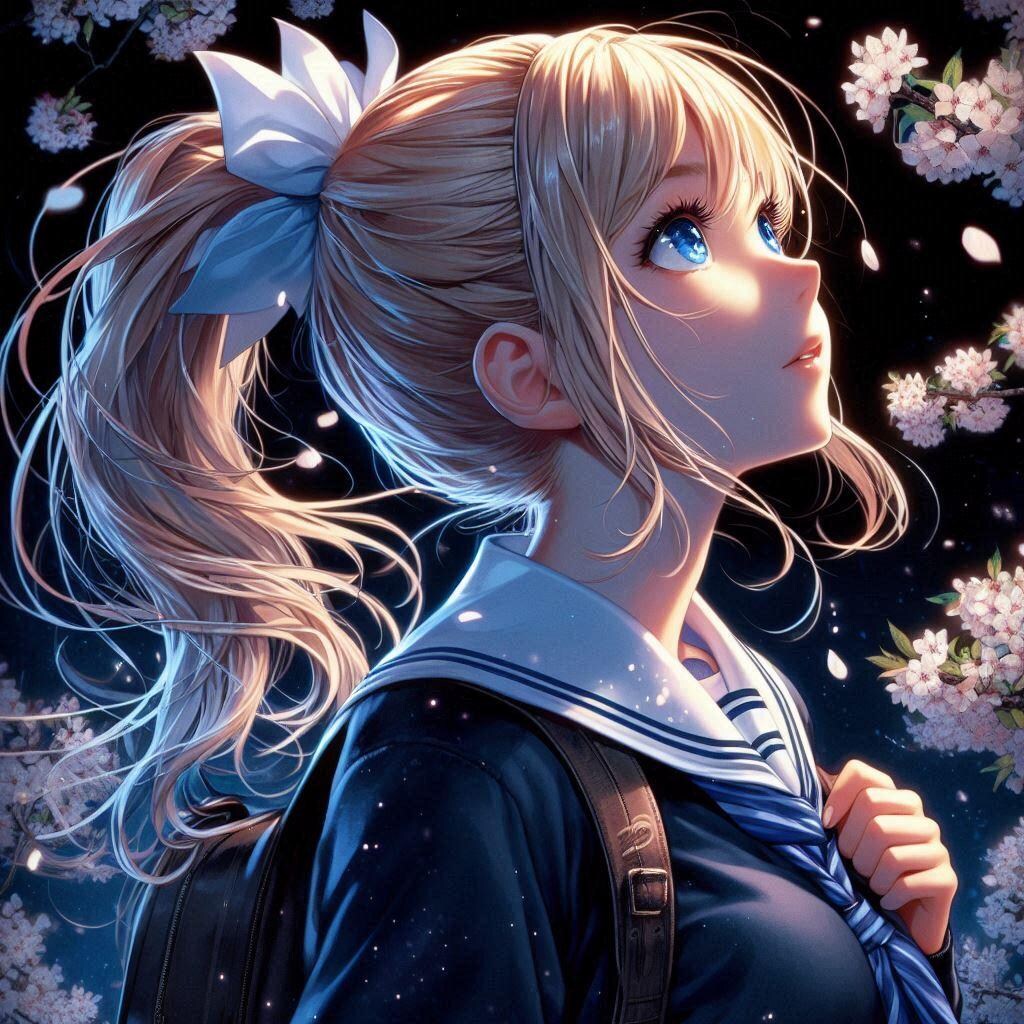 夜桜に見とれる少女