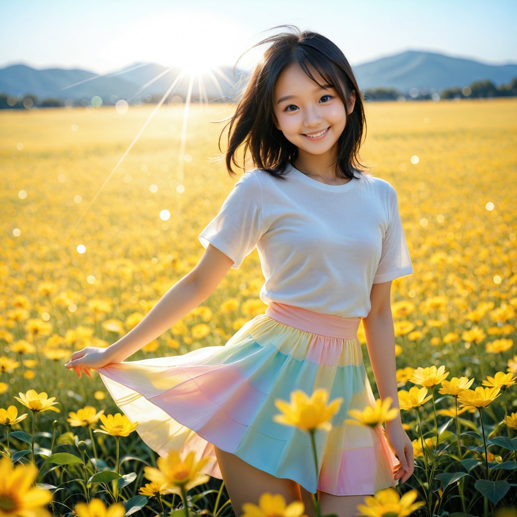 お花畑に立つ