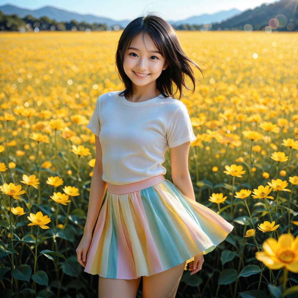 お花畑に立つ