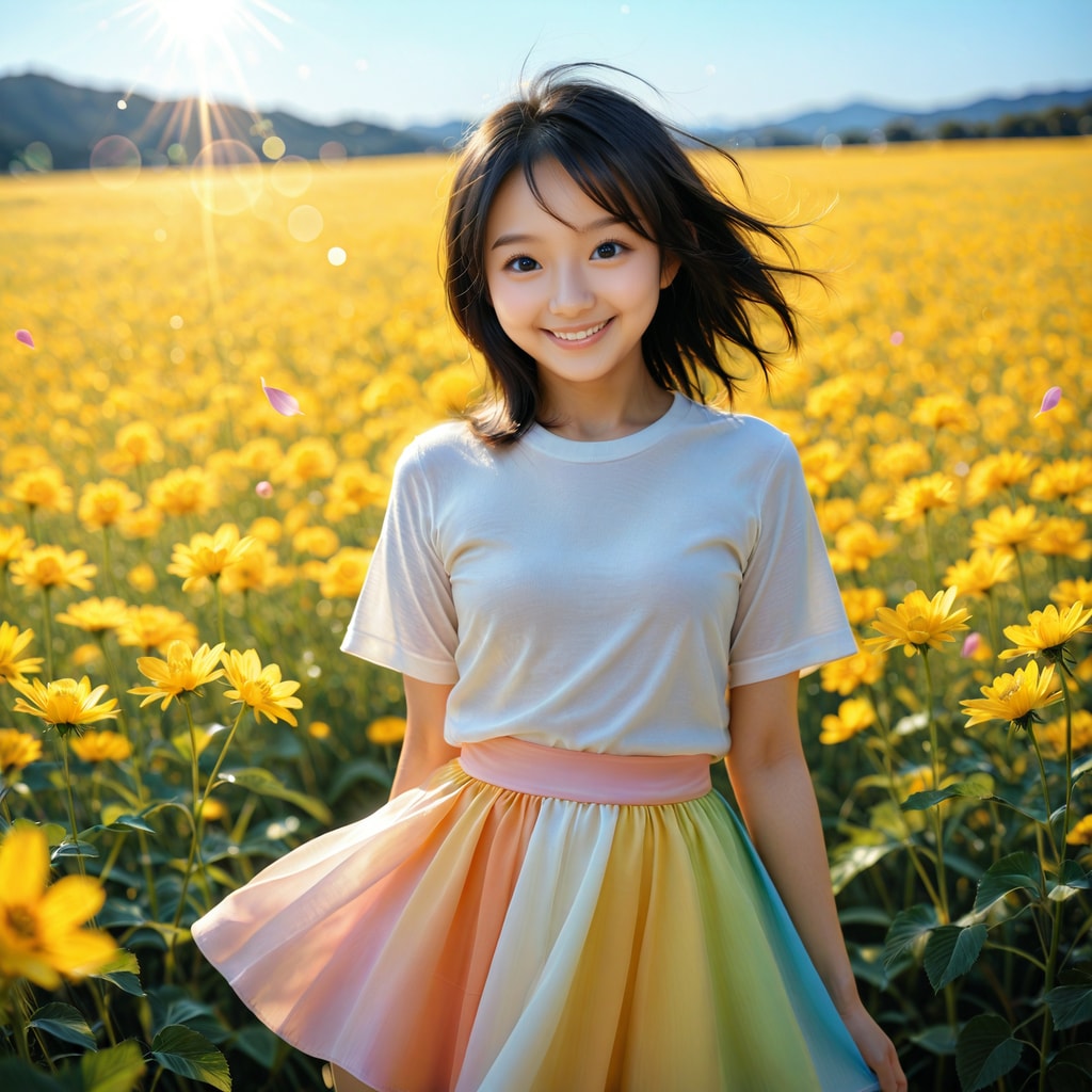 お花畑に立つ