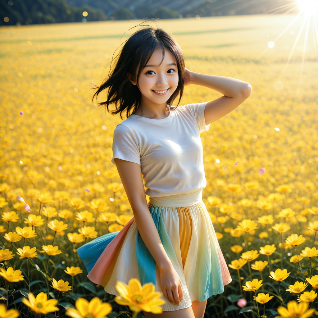 お花畑に立つ