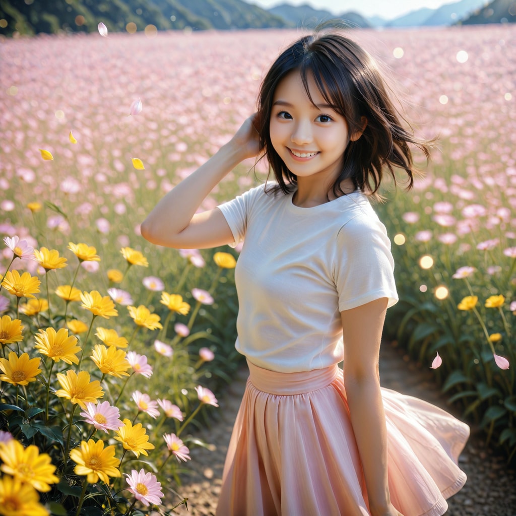 お花畑に立つ