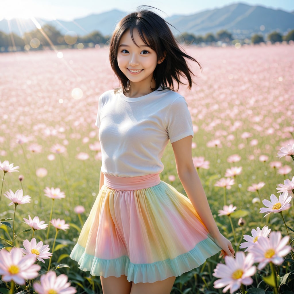 お花畑に立つ