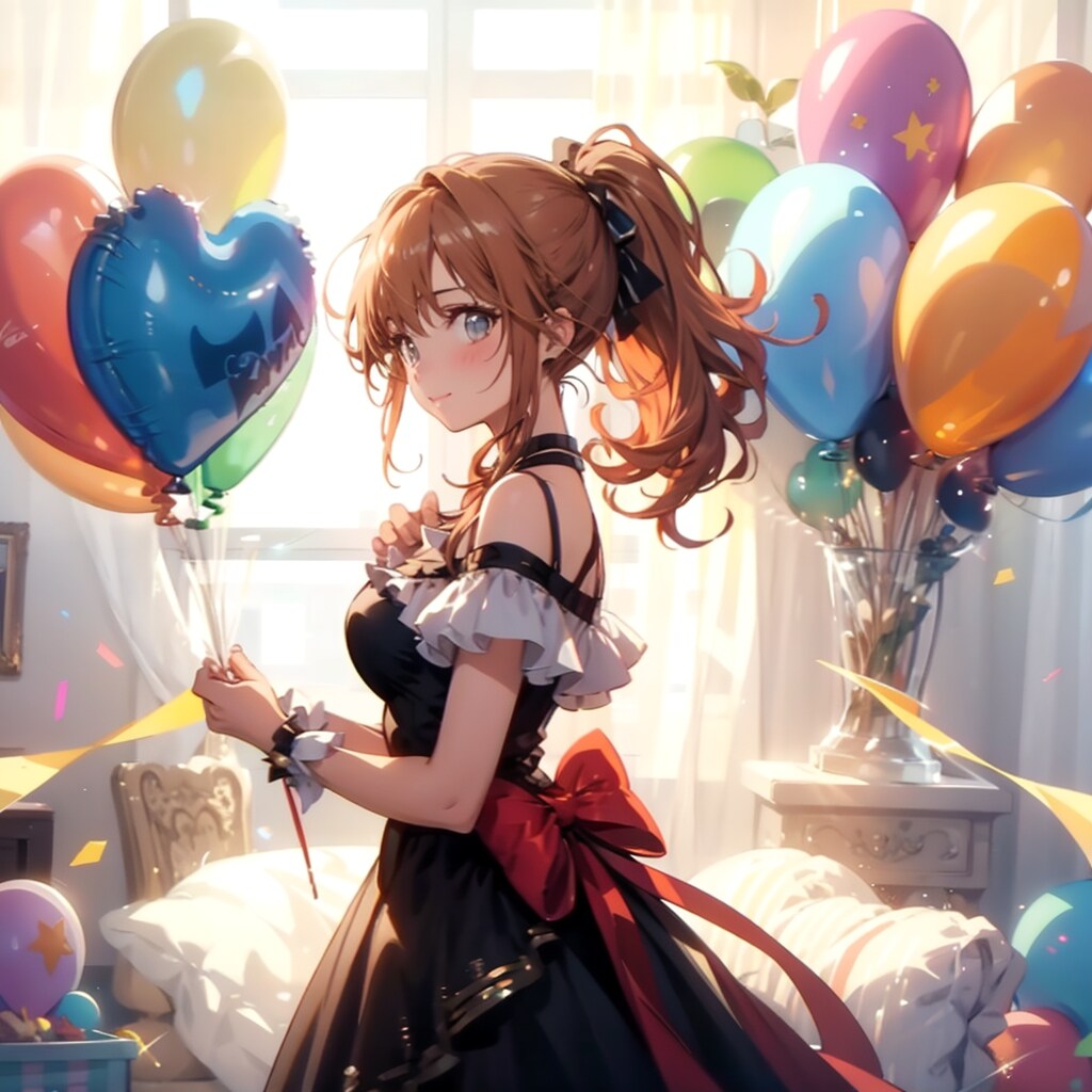 いっぱい色とりどりの風船を持つオレンジポニーテールの魔法少女 | の人気AIイラスト・グラビア