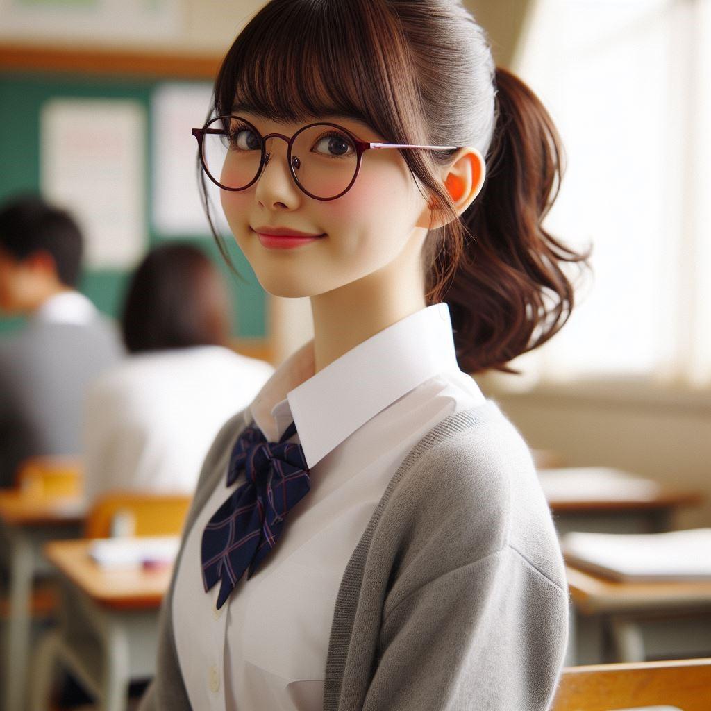 眼鏡女子 楓のポニーテール