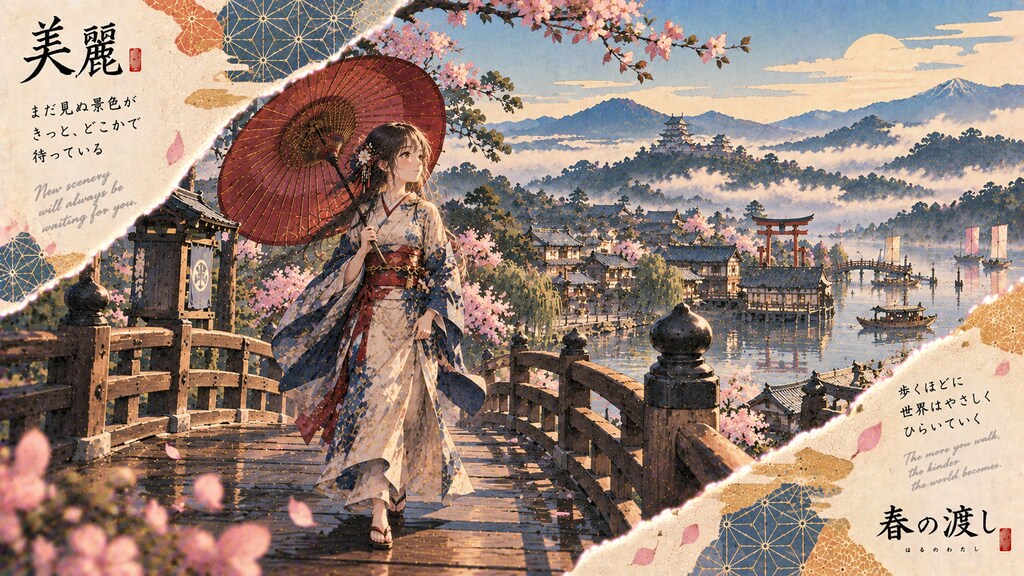 A red parasol crossing a wooden bridge, cherry blossoms drifting toward a torii-lined lakeside town.