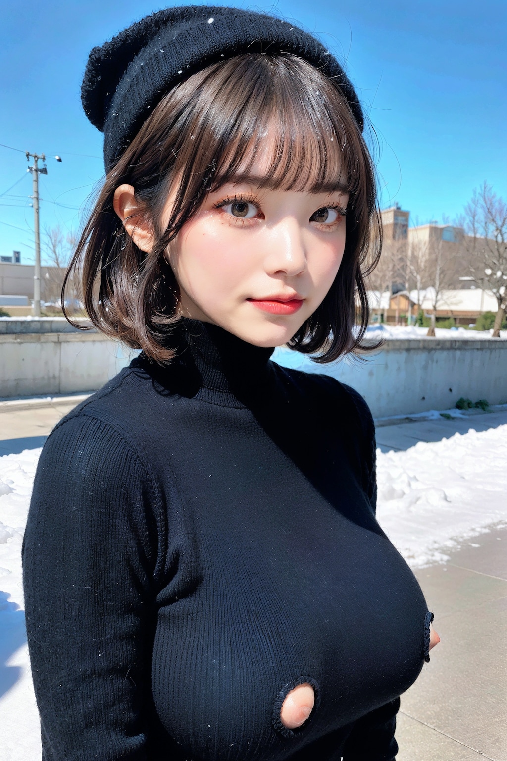 タートルネックのニットセーターでポロリ