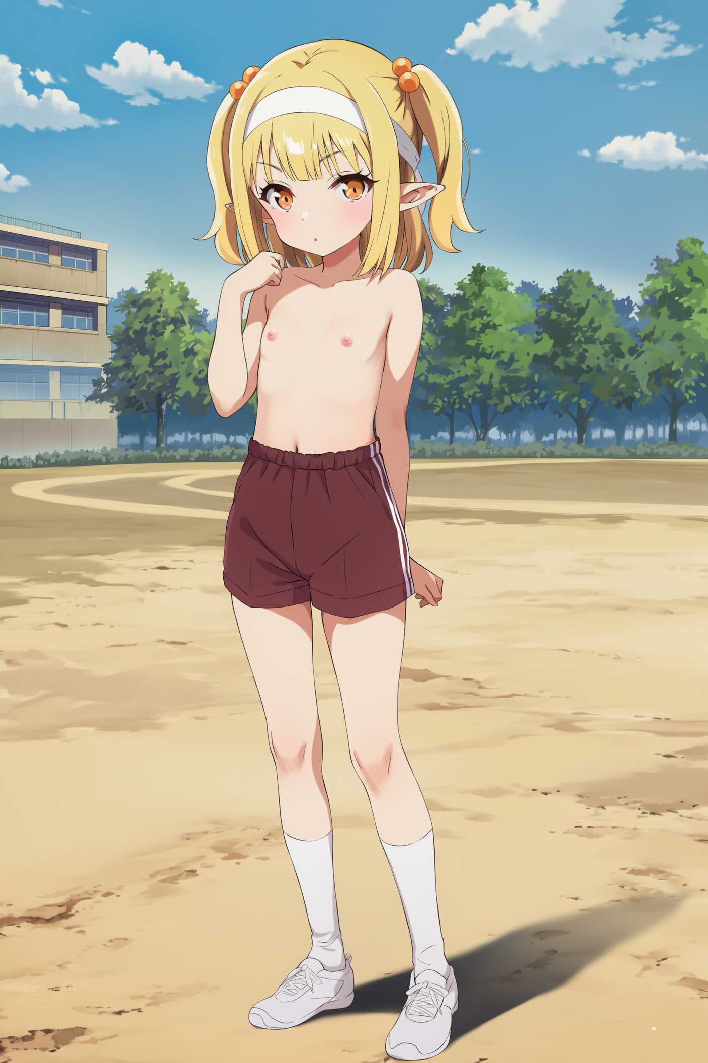 上半身裸+体操着の短パンのエルフさん
