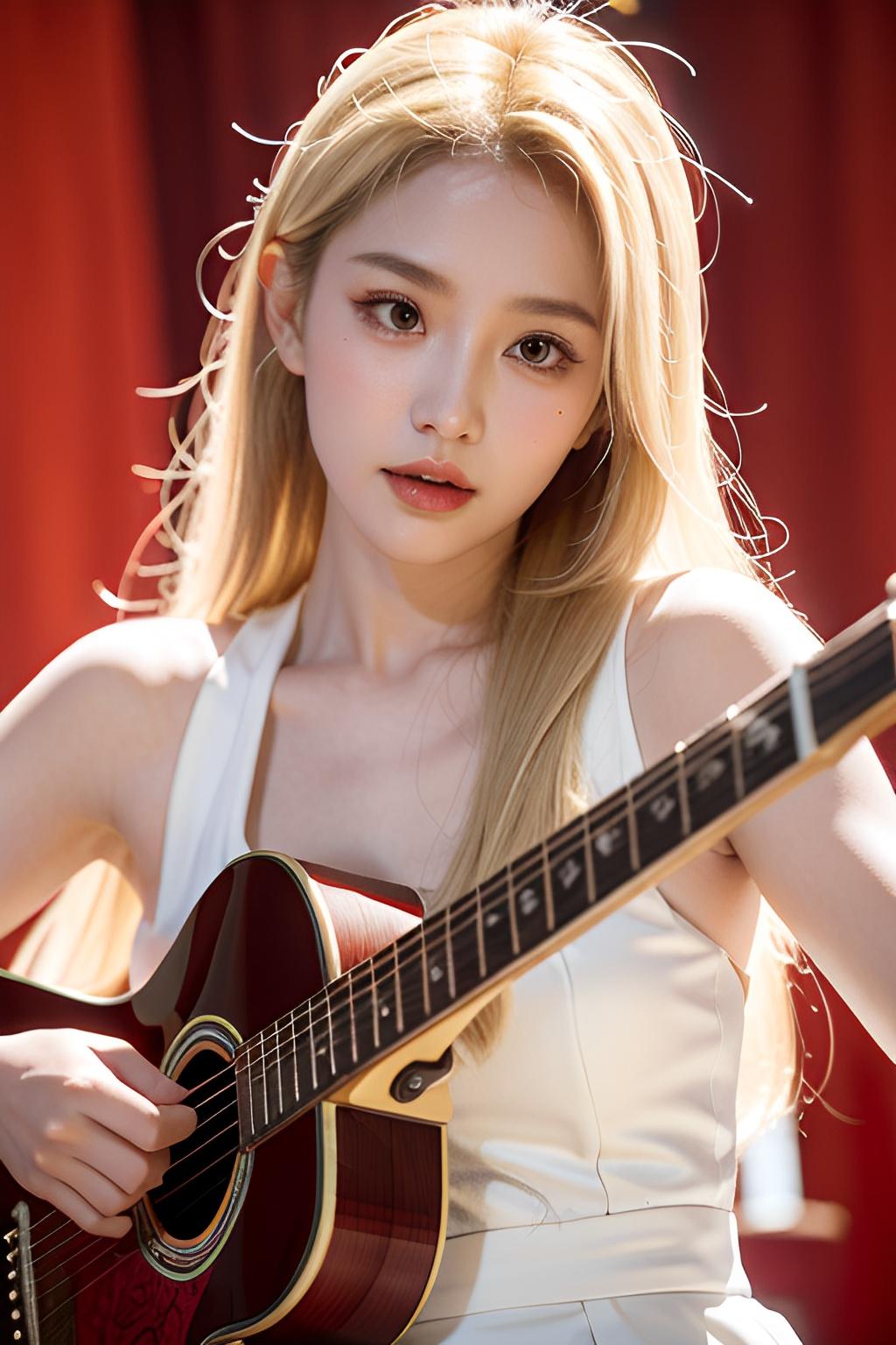 ギターを弾くチャイナドレスアイドル