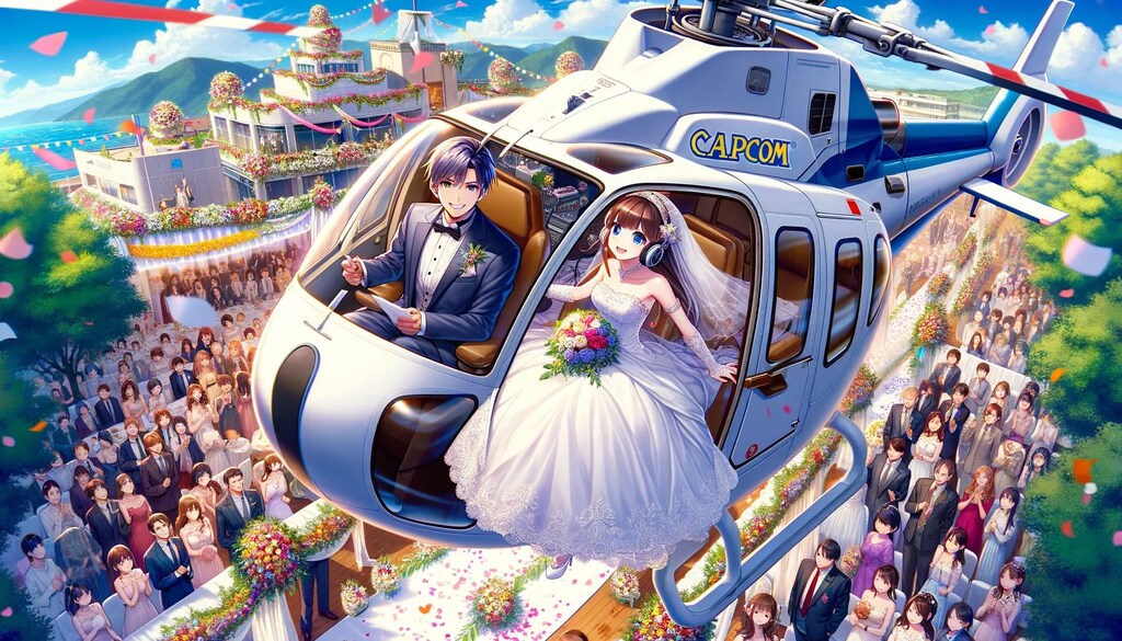 新郎新婦がヘリで来た