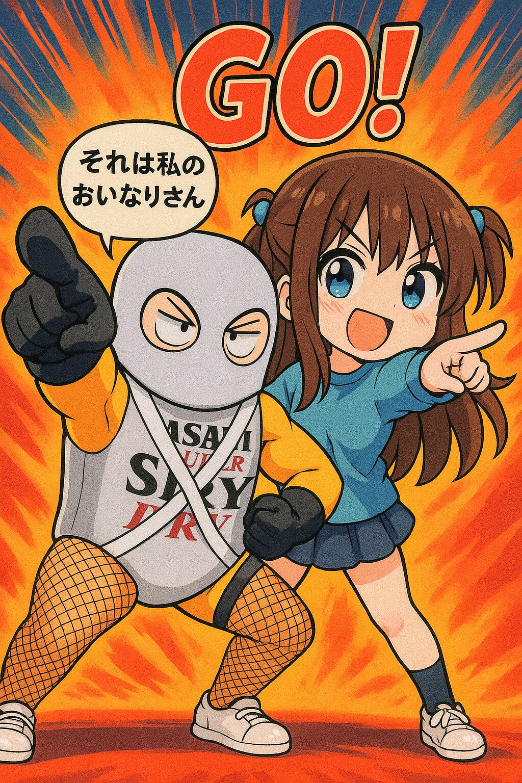 正義の味方のビール缶と応援する小さな女の子