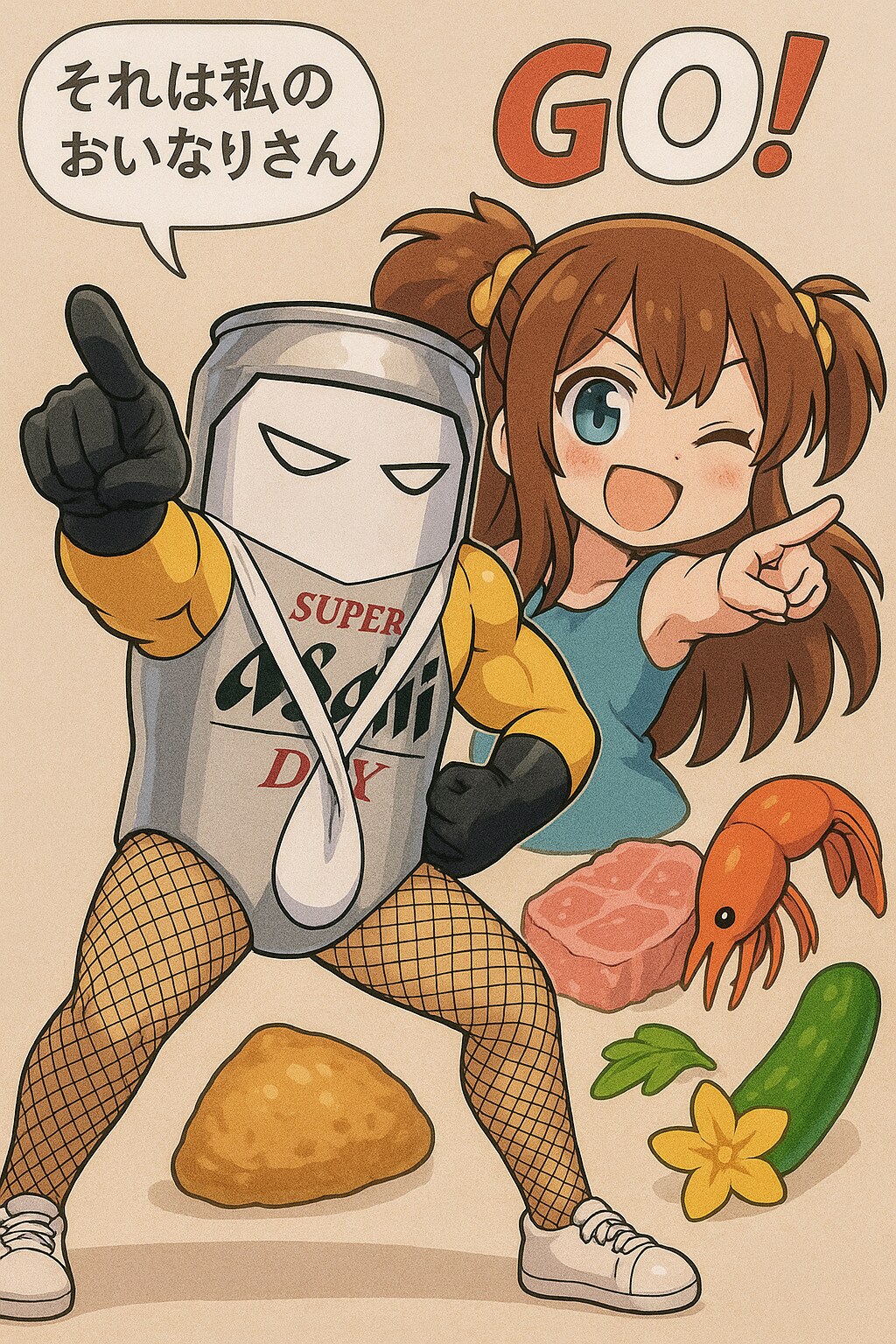 正義の味方のビール缶と応援する小さな女の子