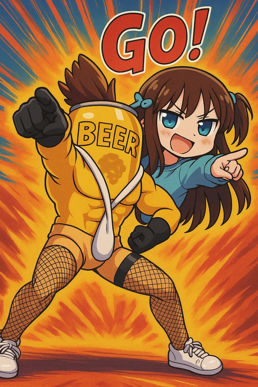 正義の味方のビール缶と応援する小さな女の子