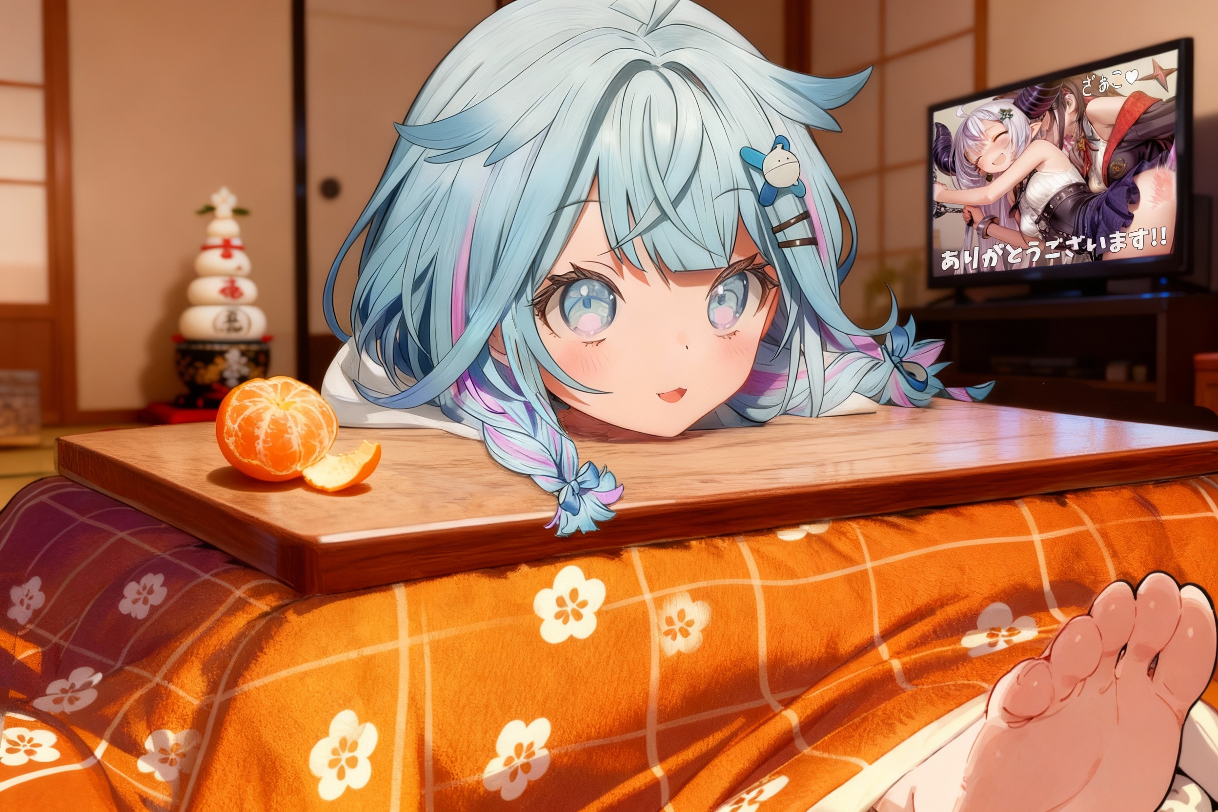 『笑ってはいけないホロライブ』を見ながらコタツでくつろぐ水宮枢 | の人気AIイラスト・グラビア