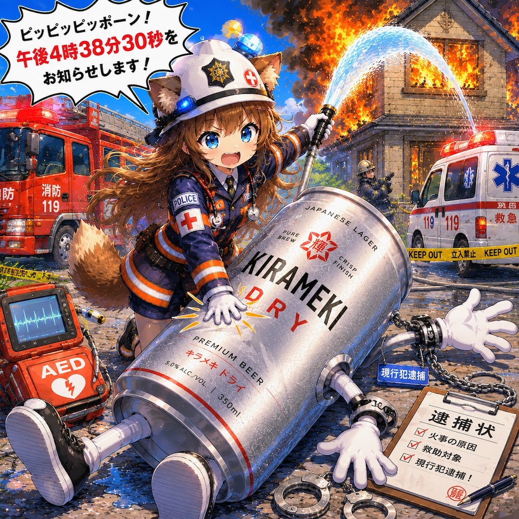 救急消防警察官で時報をしている小さな女の子