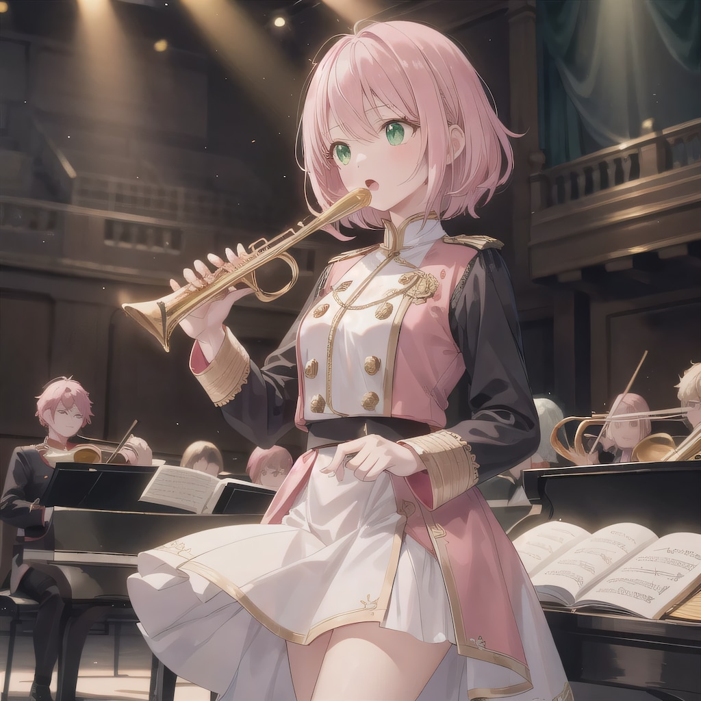 ピンク髪ボブでブラスバンドの少女