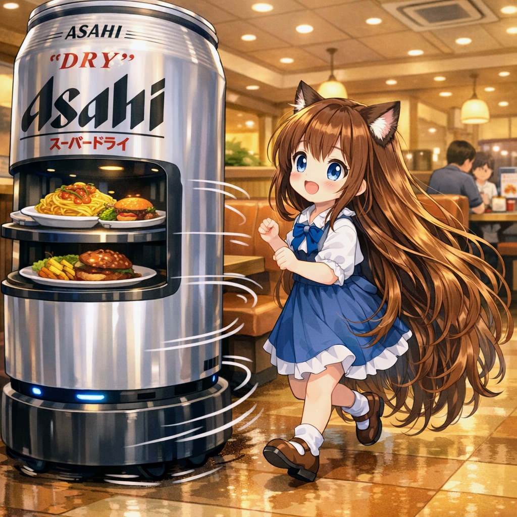 ファミレスで配膳ロボットを追っかけちゃう小さな女の子