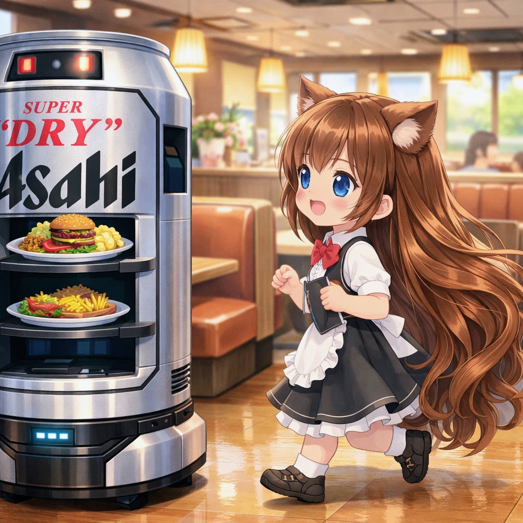 ファミレスで配膳ロボットを追っかけちゃう小さな女の子